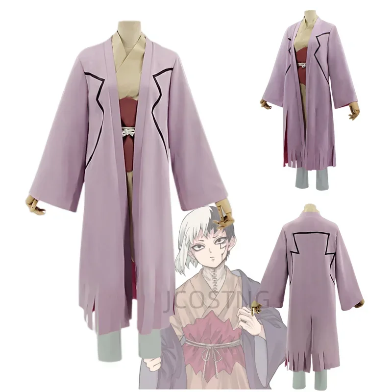 Anime Dr. Stone Asiri Gen full set top pants trench unisex adult Halloween party costume stage performance uniform with wig