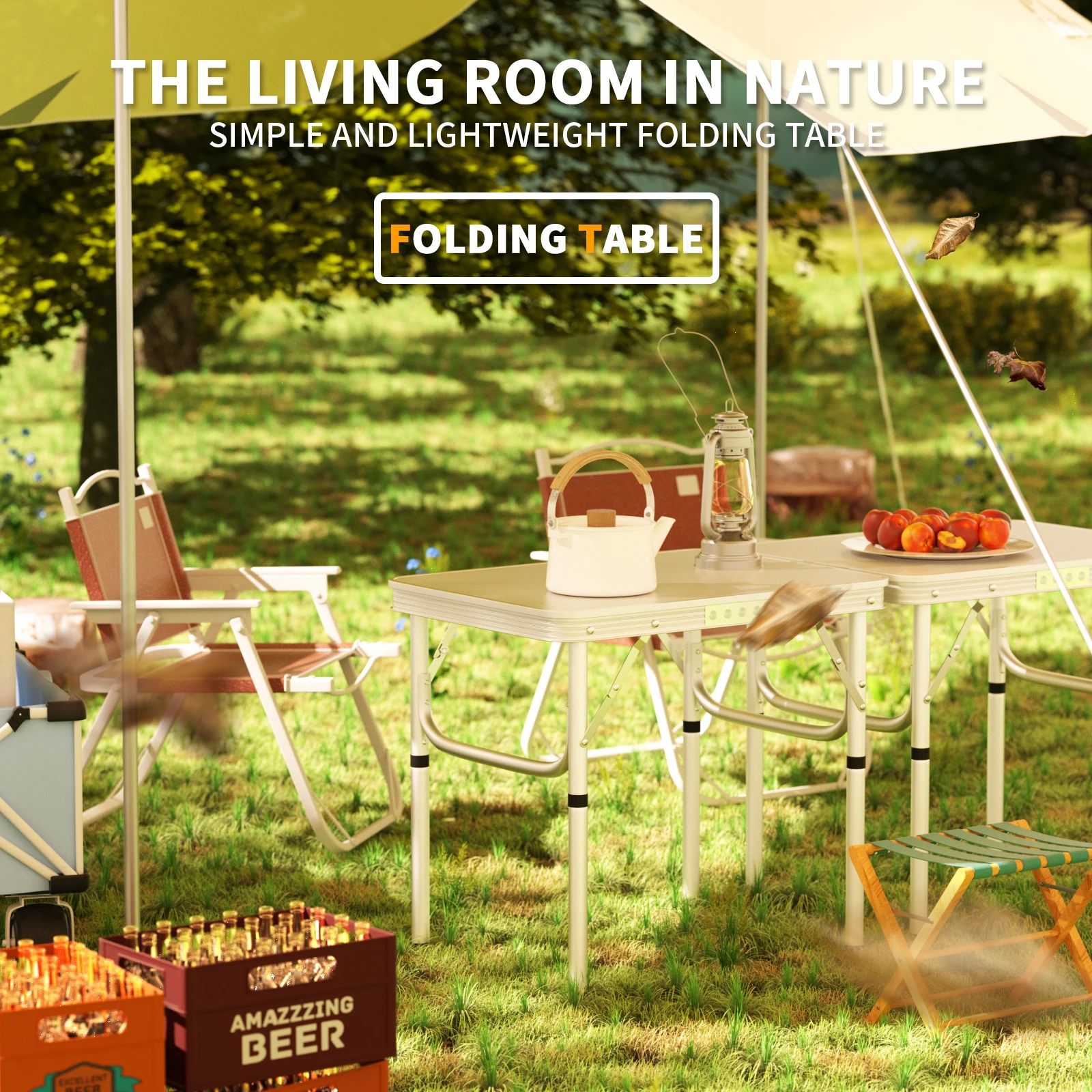 Mesa de camping plegable de 2 pies con 2 alturas ajustables, mesa de picnic de aluminio liviana, mesa de picnic plegable portátil para fiesta