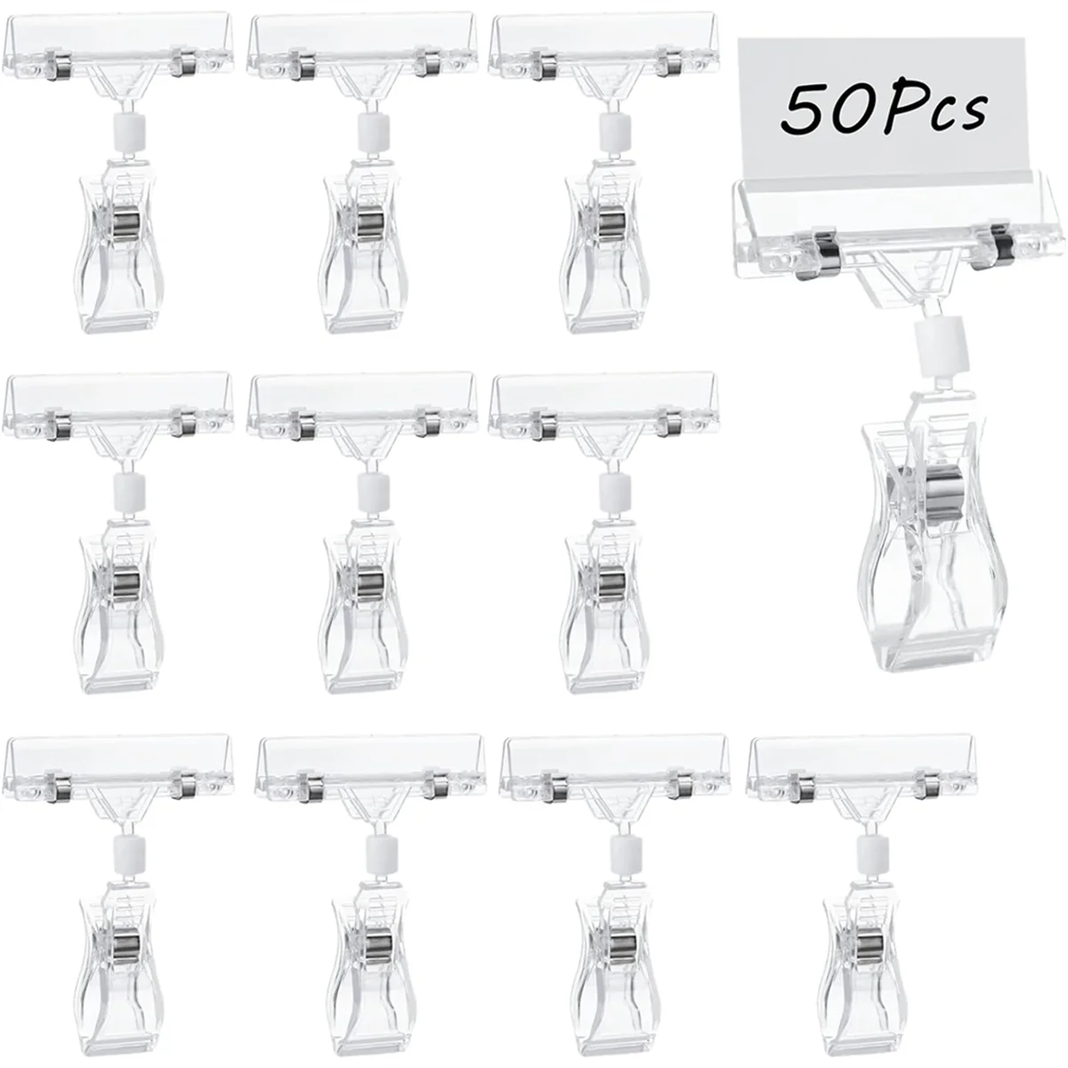 50 Pcs Rotatable Sign Clips, Double-Sided Merchandise Sign Holders, Plastic Clear Tag Display Racks, Label Stands