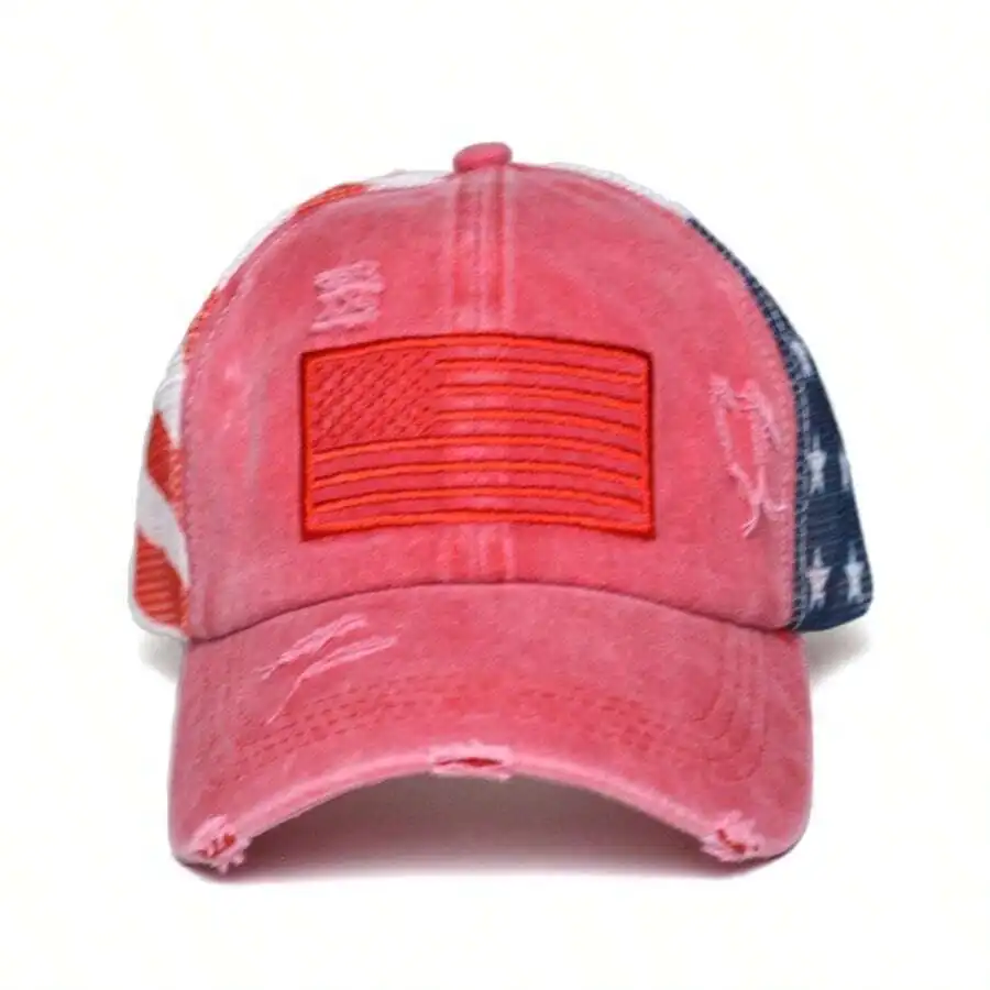 Women's Stylish Washed Vintage Cotton Baseball Cap With American Flag Embroidery, Ponytail Cutout Design And Adjustable Back