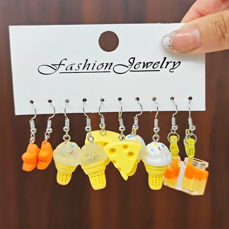 10 Uds. Conjunto de pendientes de comida simulada bonita para mujer, pendientes decorativos de resina de helado de queso simulado de dibujos animados, regalos