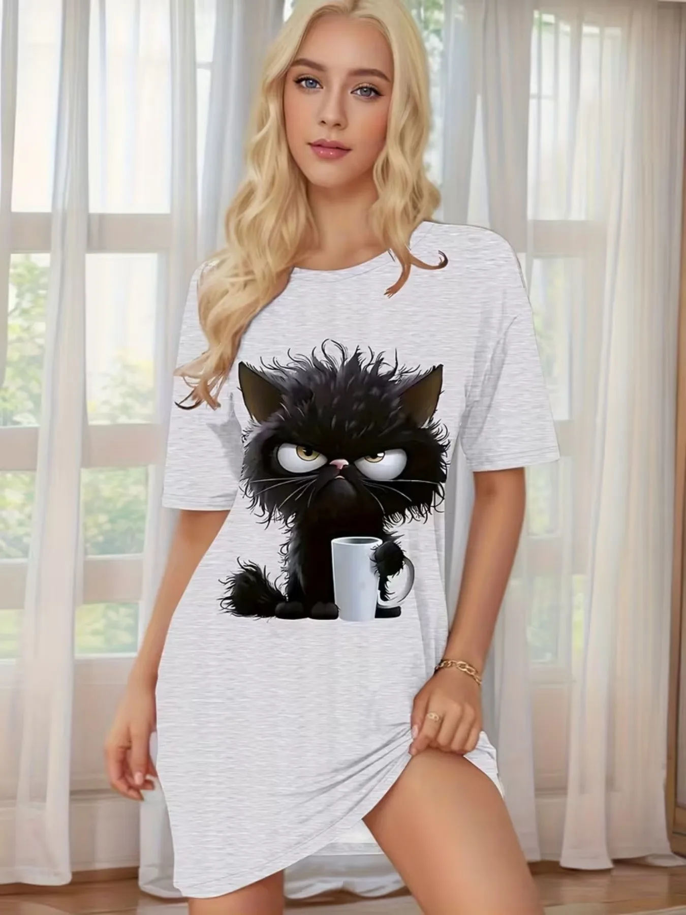 Grumpy Little Black Cat Holding a Coffee Cup Cartoon Print Women's Round Neck Short Sleeve T-Shirt