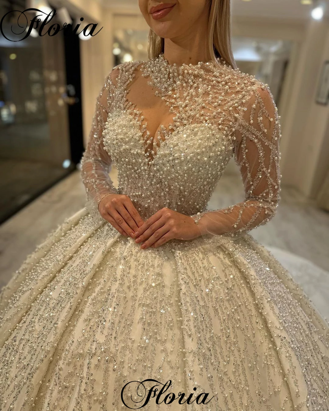 Luxury Elegant Wedding Dresses For Women 2023 Long Sleeves Pearls Wedding Gown A-Line Chapel Princess Bridal Gown Vestido Blanco
