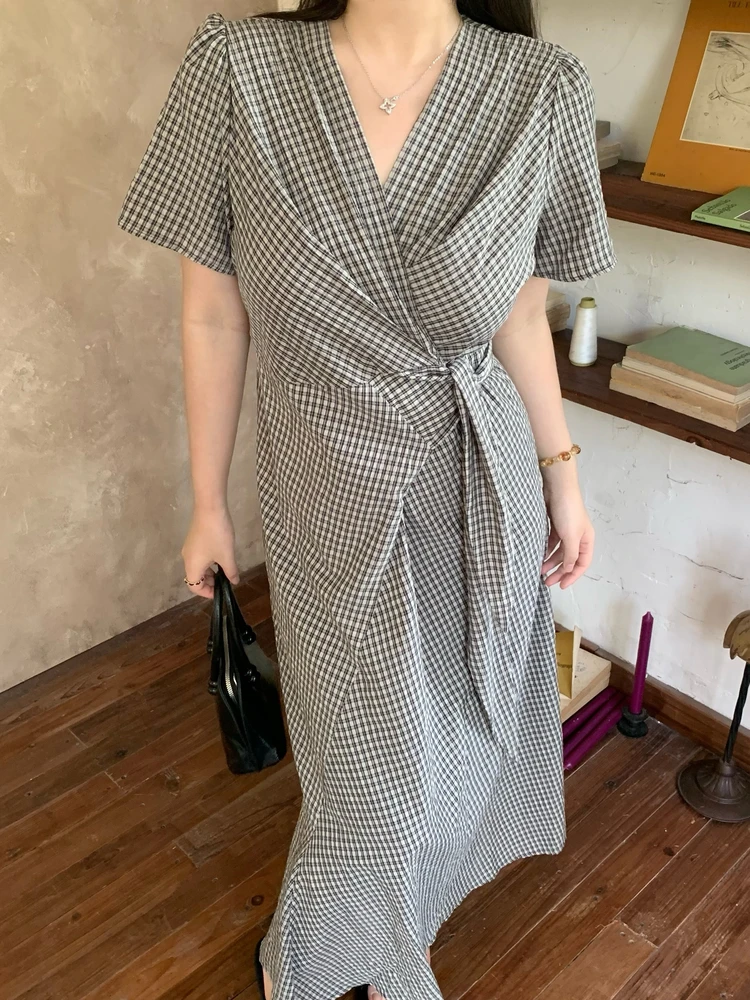 

Винтажное клетчатое платье DEMA для женщин, летнее, с завязками на талии, стройнящее, больших размеров, длинное, в стиле ретро, А-силуэт, для повседневной носки