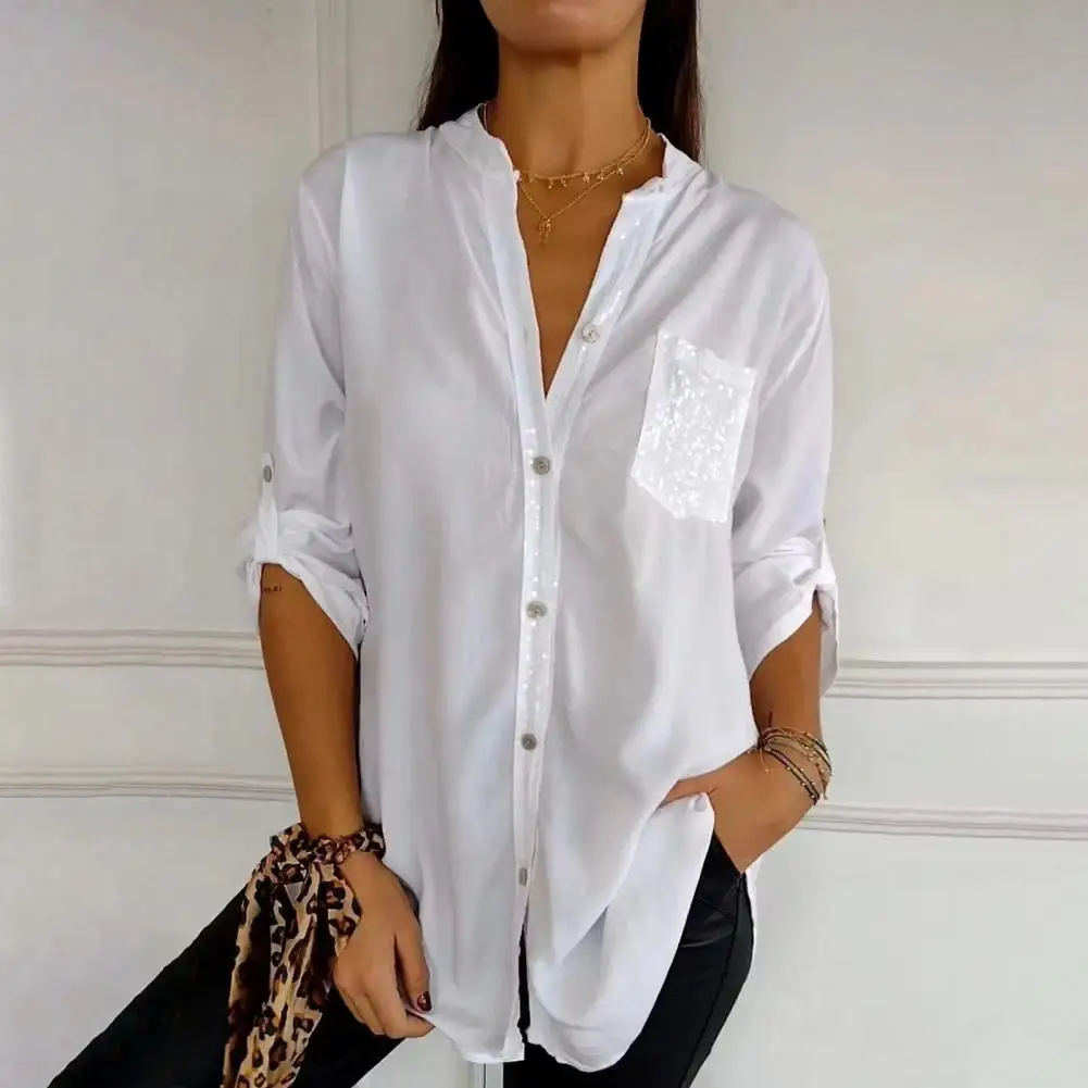 

Women Shirt Gift Stylish Women's Sequin Embellished Stand Collar Shirts Roll-up Long Sleeve Tops Button Cardigan for Her