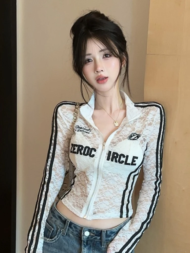 Sweet Spicy Girl Letter Print Stripe Sexy See-tough Lace irt  Collar Long Sve Top for Young Women in China