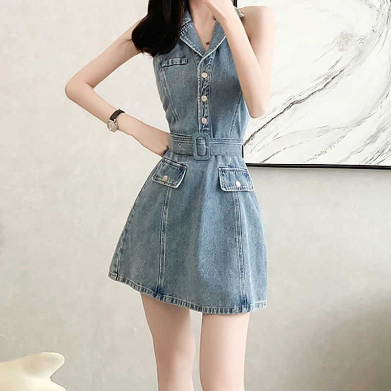 EVNISI Women Sexy Backless Denim Dress Halter Sleeveless High Waist Mini Dresses With Belt Party Fairy Vestido Women Summer 2024