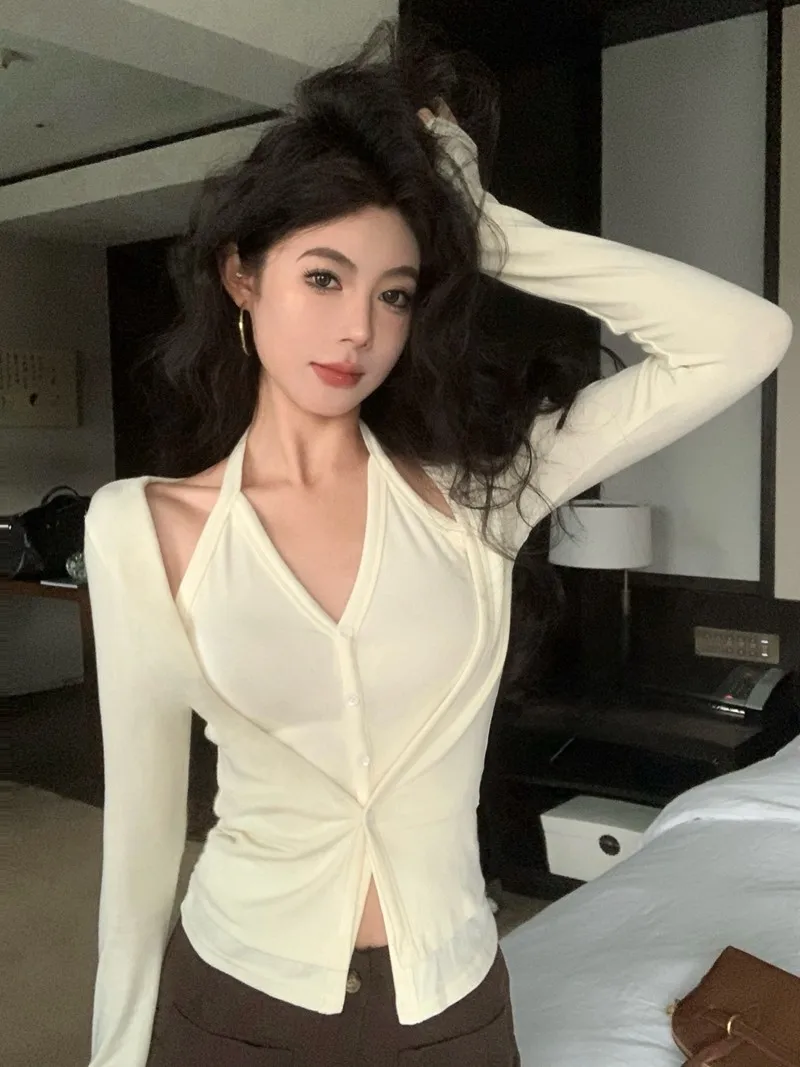 Red Long Sleeve Neck Hanging Design Slim Fit T-Shirt Women's Autumn Winter Fashion City Walk Commute Daily Student Girl Ladies