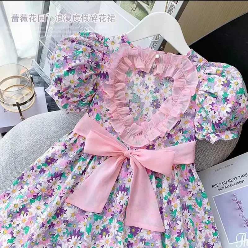 2-6 Years Summer Girls Dress Full Print Flower Heart-shaped Leaky Back Princess Dresses For Girl Children Birthday Party Custum