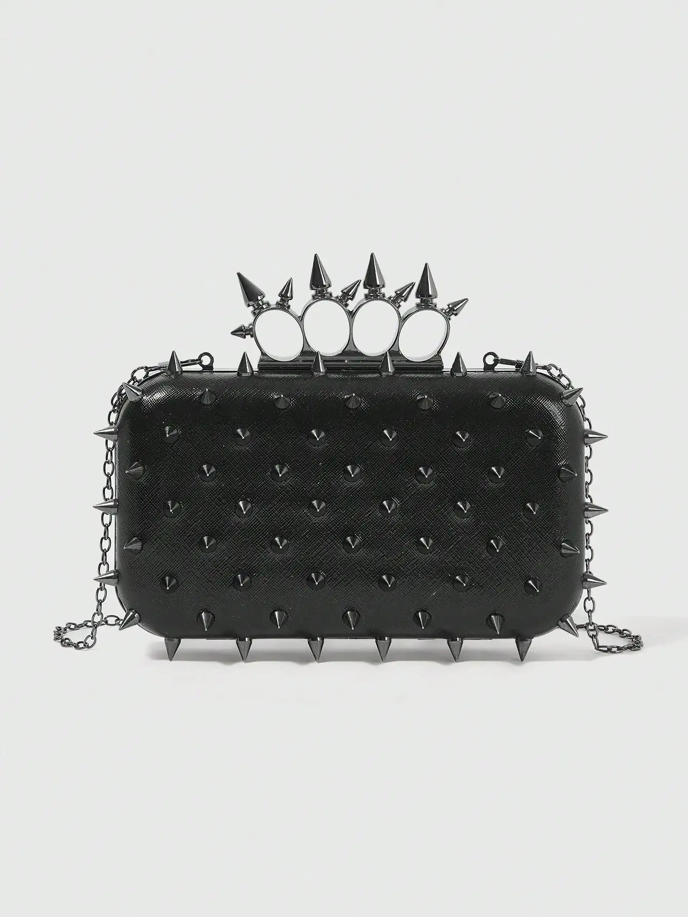 

Black Studded Clutch with Knuckle-Duster Handle and Chain Strap