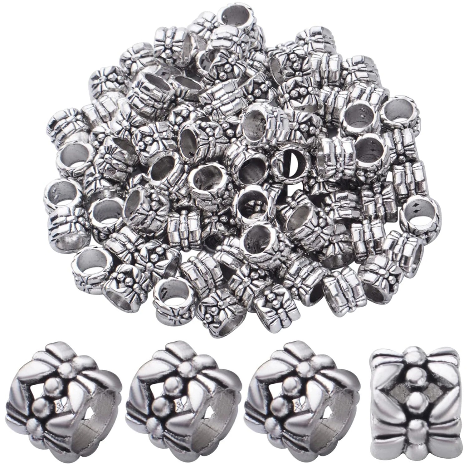 

100 шт. крупногабаритных бусин-разделителей в форме цветка под старинное серебро, трубчатые бусины из сплава для изготовления ожерелий, браслетов, ювелирных изделий и поделок своими руками