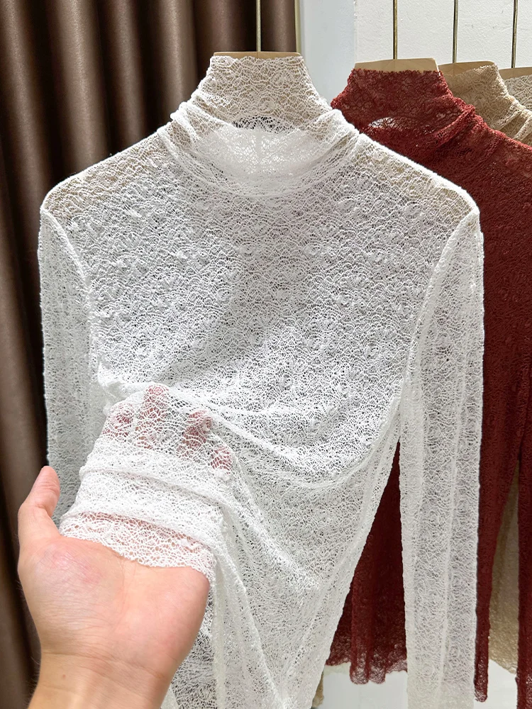 Ankela Red High Collar Lace Hollow out Base Shirt Women's Autumn Winter Soft Netting Inner Wear Texture Thin Top
