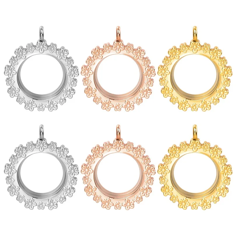 304 Stainless Steel Screw Open Floral Edge Round Glass Locket Pendant Blank DIY Photo Memory Keepsake Jewelry Making Accessories