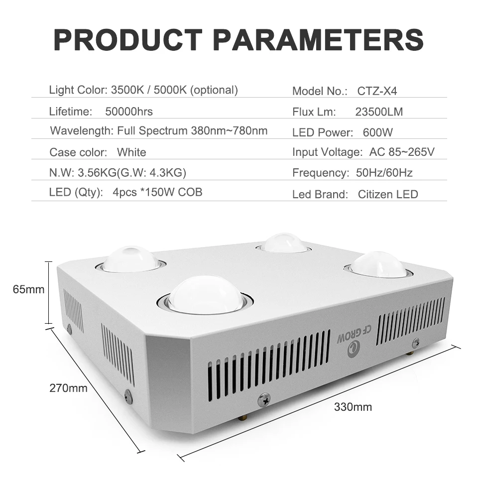 Citizen CLU048 1212 COB LED-groeilicht Volledig spectrum 600 W 3000 K 3500 K 5000 K COB LED-groeilamp Kamerplantengroeiverlichting