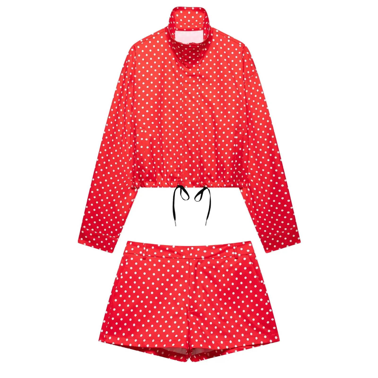 Polka Dot Jacket Turtleneck Zip Up Drawstring Pocket Coat for Women - Yellow