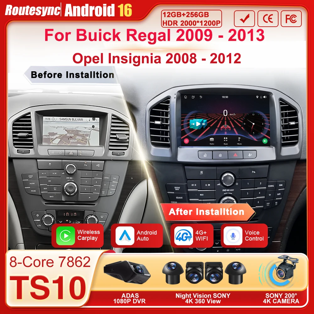 

9-дюймовый экран для Buick Regal 2009-2013, Opel Insignia 2008-2012, автомагнитола с CarPlay, Android, 16-дюймовым сенсорным экраном, GPS, FM, DSP, 8-ядерный процессор