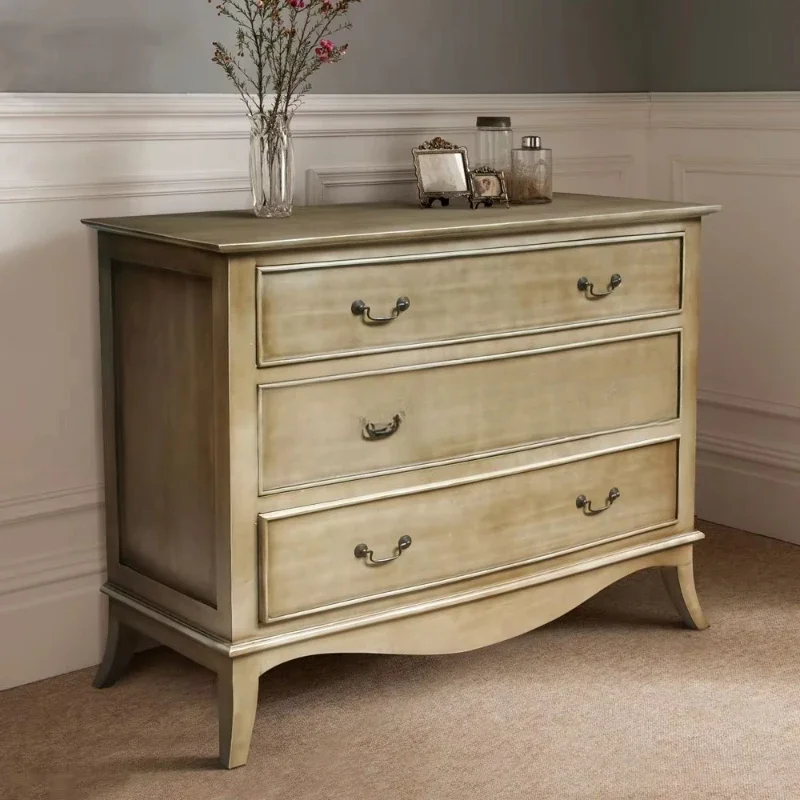 Handmade antique white imitation chest: solid mahogany, three drawers, aged brass handle