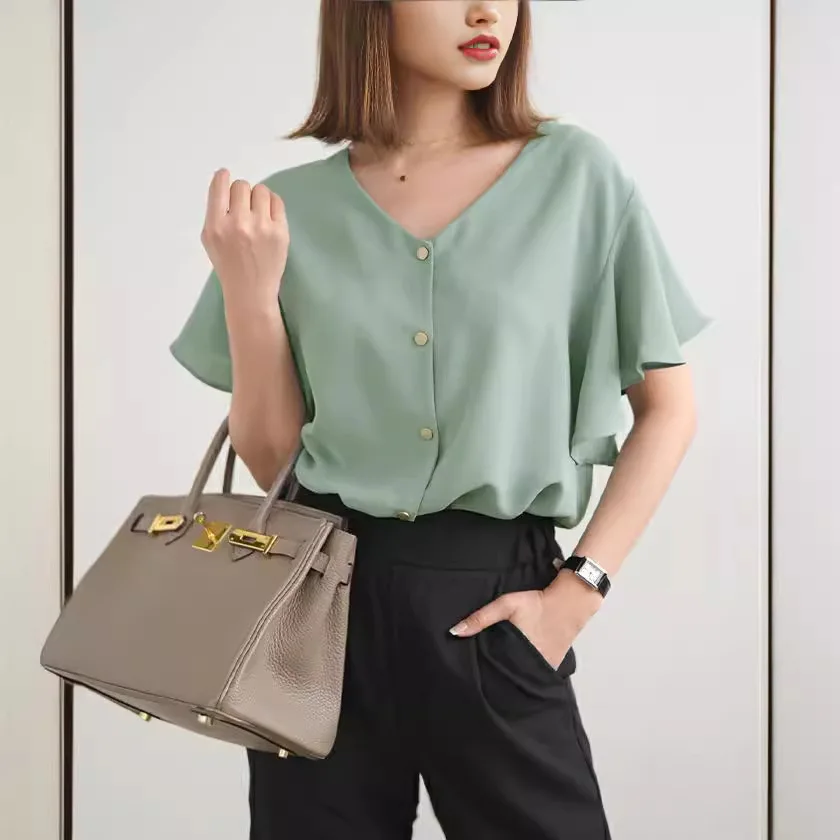 2025 Japanese Style Minimalist Blouse, Solid Color Short Sleeve Top with Flutter Trim for Women