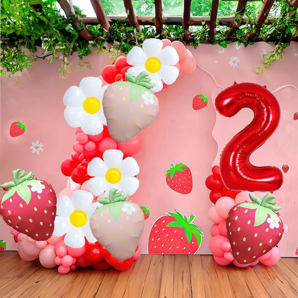 Erdbeer-Party-Dekoration Rote Zahlen 1-9 Folien-Geburtstagsballon-Set Erdbeer-Girlande für Mädchen Süße Erste Geburtstags-Deko – Detail 12