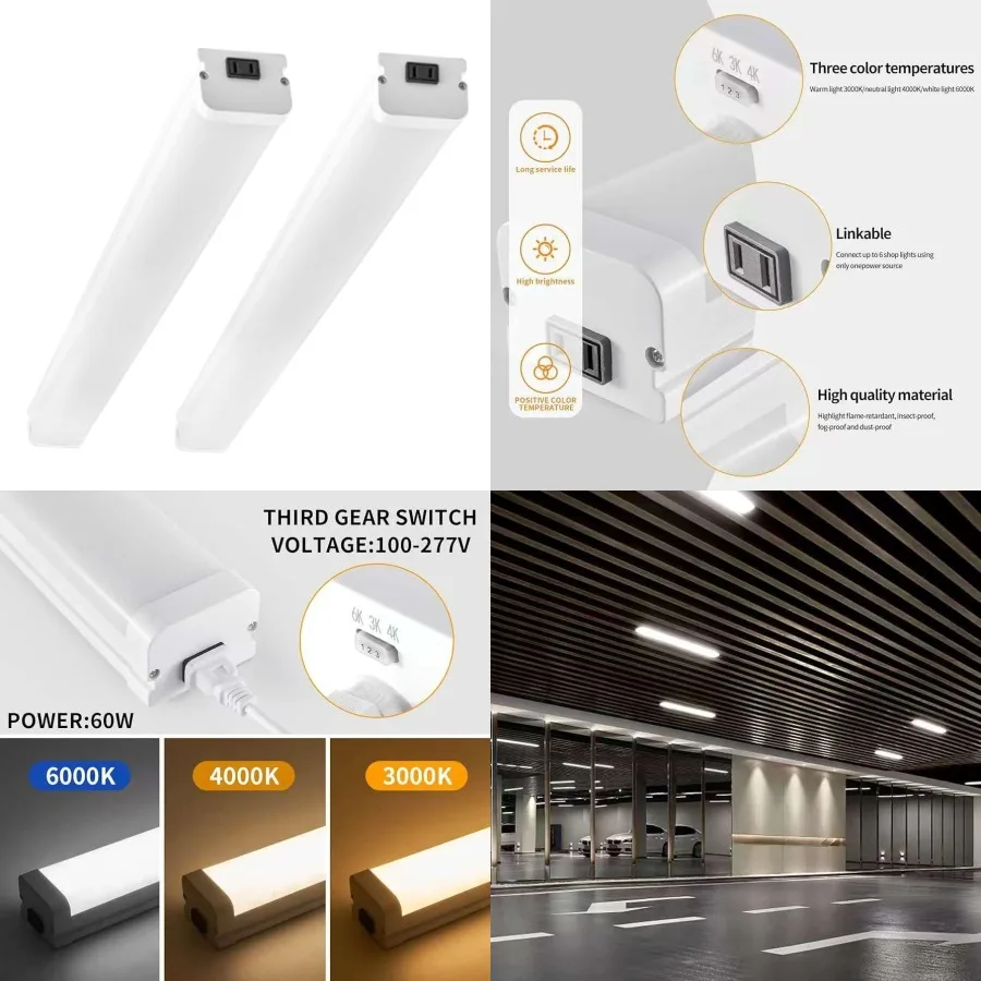 

Linkable 60W LED Shop Lights Warm White 3000K 000K 6000K 6000LM for Garages Shop, Linear Work Light Fixture Hanging or FlushMou