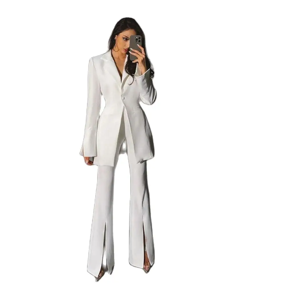 Elegant Chic White Single Button Women Pants Set New Female Two Pieces(Blazer+Trousers) conjuntos femininos elegantes