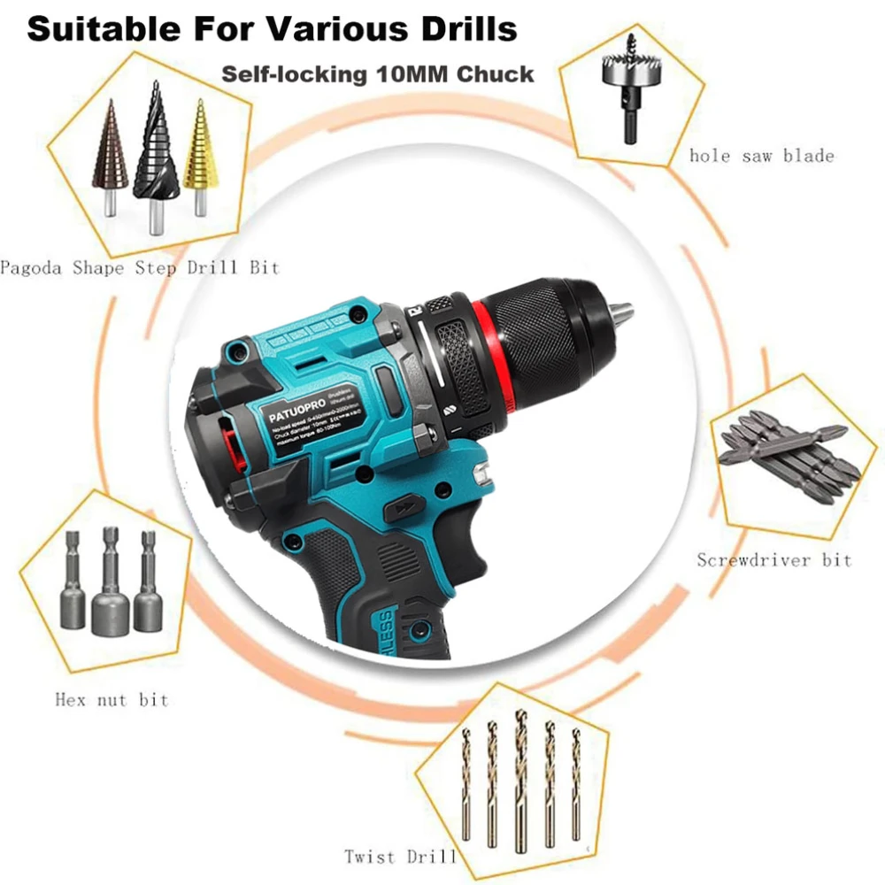 Trapano elettrico senza spazzole da 10 mm Cacciavite per trapano a batteria autobloccante a 2 velocità Torque 60-100 Nm Utensili elettrici per batteria Makita 18 V