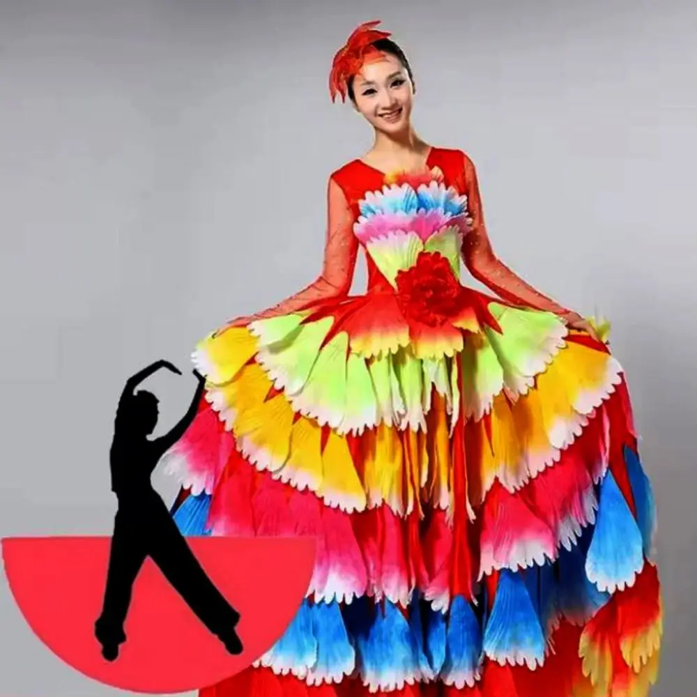 

Новое платье для испанского фламенко с пышной юбкой-лепестком, раскрывающейся на 180-360 градусов, 3 цвета, размеры S, M, L, XL, женское длинное платье для танцев