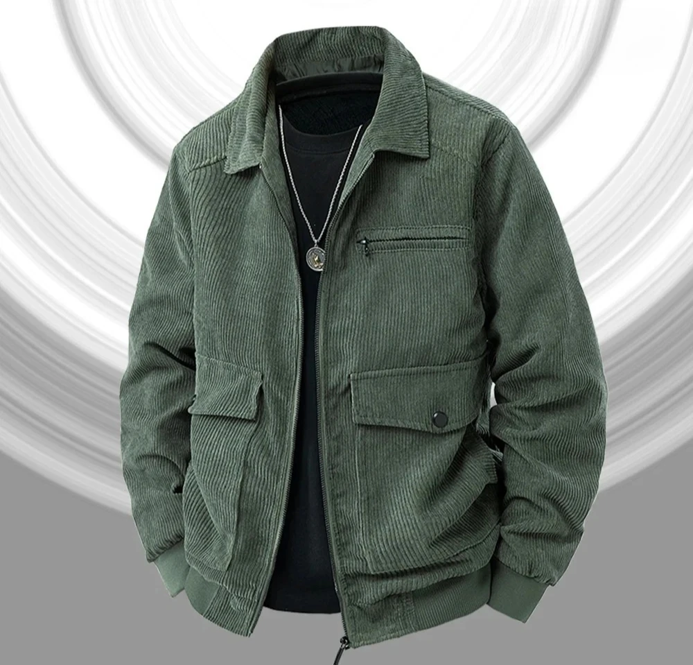 เสื้อแจ็คเก็ตคอปกผ้าลูกฟูกสไตล์วินเทจอเมริกันสำหรับผู้ชาย ฤดูใบไม้ผลิ ฤดูใบไม้ร่วง เรียบง่าย อเนกประสงค์ เหมาะสำหรับใส่ทำงาน เสื้อโค้ทมีปก เสื้อทำงาน