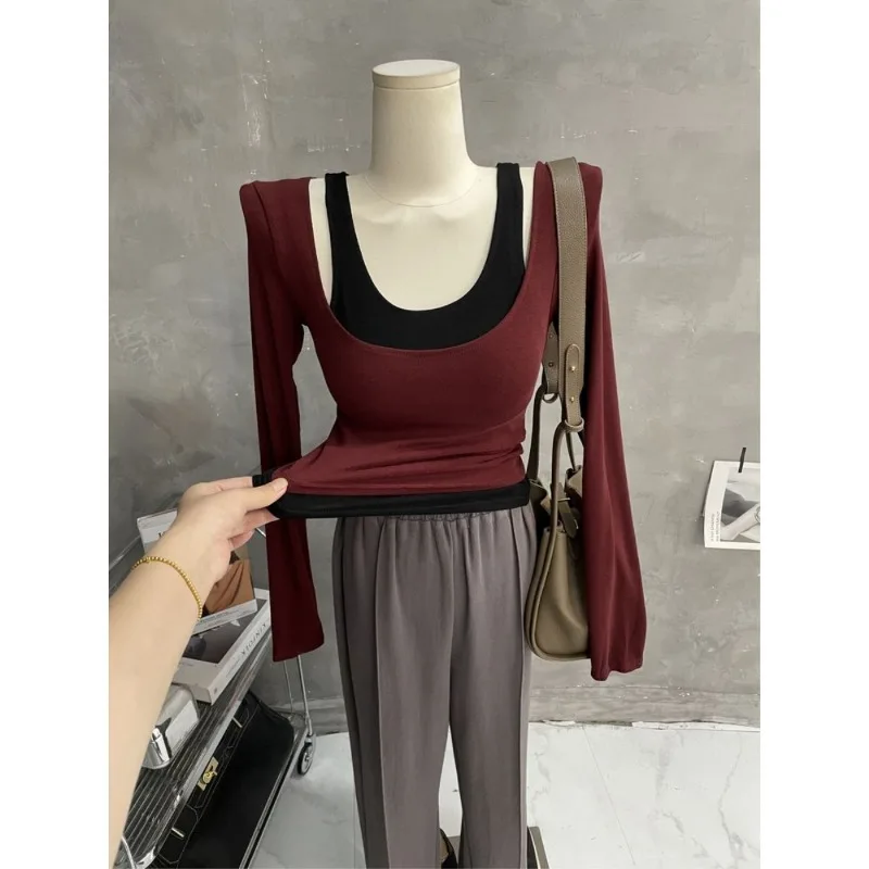 

Hong Kong Style Color-blocked Camisole Long-sleeved T-shirt Two-piece Top Women's Slim Bottoming Shirt Autumn New Style