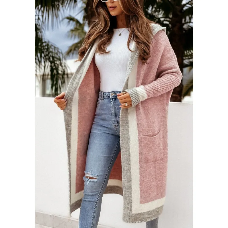 Casual Women\'s Loose Cardigan Hooded Sweater 2023 Autumn Winter Sweater Coat Women Long Sleeve Striped Pockets Long Sweater Coat