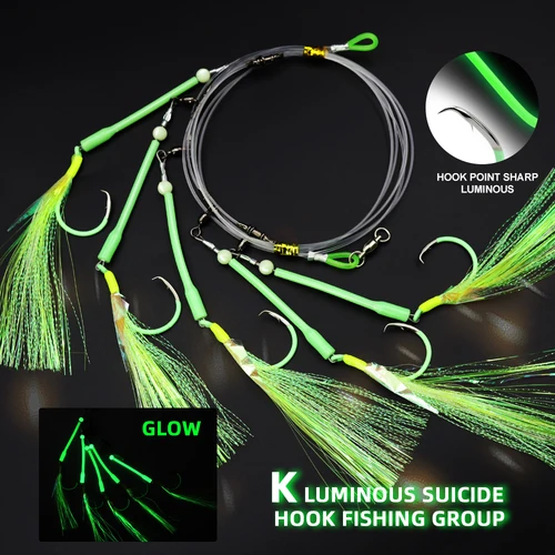 Imagen 2 del producto ZYZ 1 pieza de aparejos de caída profunda con 5 anzuelos circulares luminosos, aparejos de cebo de pesca para barcos de agua salada, Ideal para atún, bacalao, Redfish Marlin