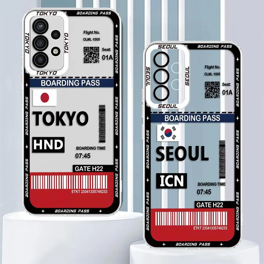 Tokyo Seoul Boarding Pass Soft Phone Cover Case for Samsung Galaxy A34 A15 A33 A14 A53 A23 A54 A24 A56 A26 A32 A13 A55 A25 A36