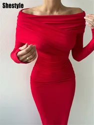 Shestyle Red Long Pencil Dresses Elegant Slash Neck Overlap Bodycon Off Shoulder Solid Slim Grace Fantasy Skin Care Office Lady