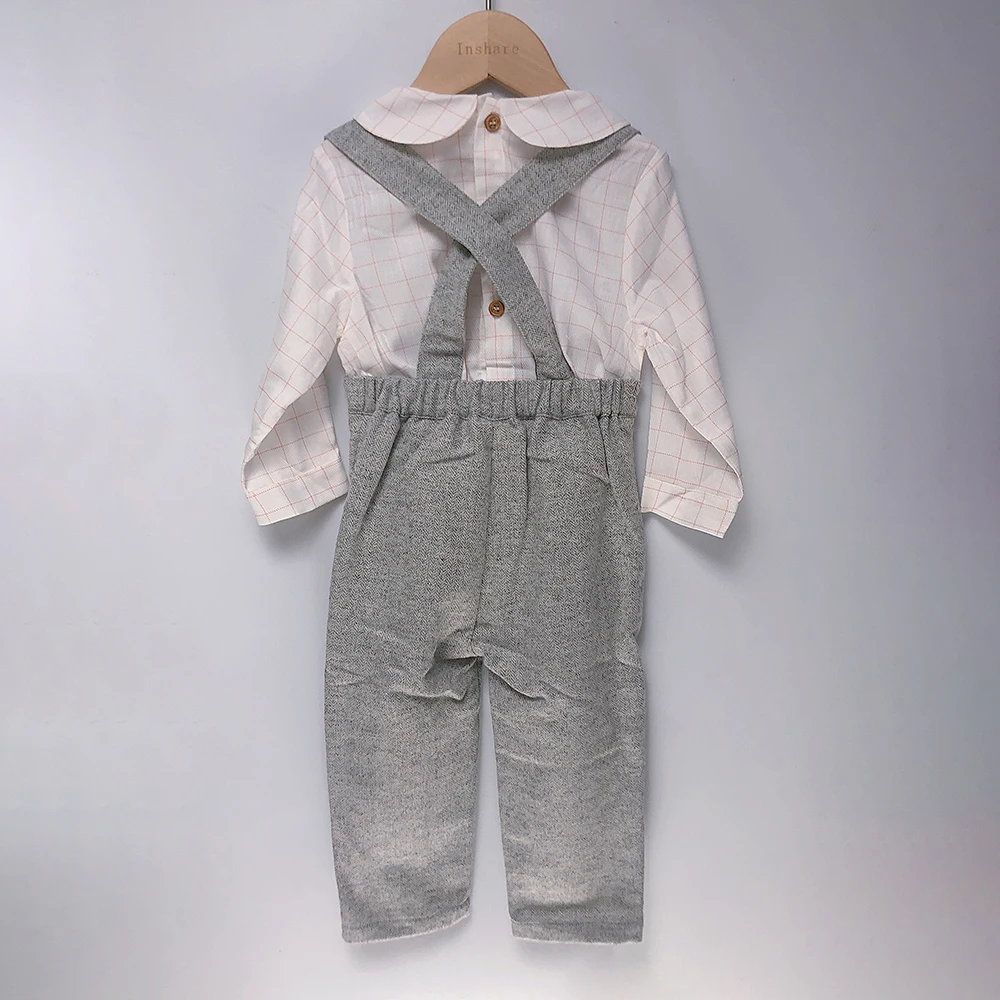 Boy Grey Wool Strap Trousers Set  Cotton White Plaid Shirt Long Sleeves Winter British Birthday Eid Clothes Children Boutique