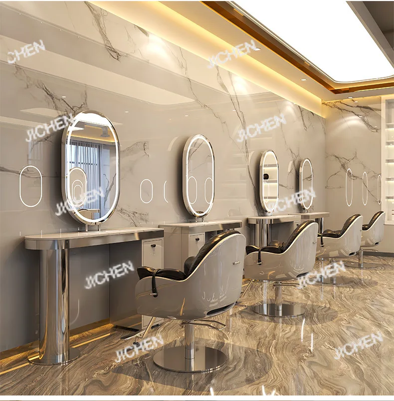 

Стол для парикмахерской двусторонний, с мраморной столешницей, зеркалом, подсветкой, из нержавеющей стали, для стрижки, химической завивки и окрашивания, без опции для химической завивки.