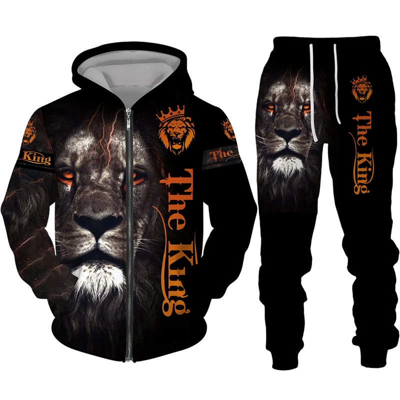 Europe and the United States spring and autumn men's and women's zipper hoodie set 3D printing fashion lion leisure sports trend