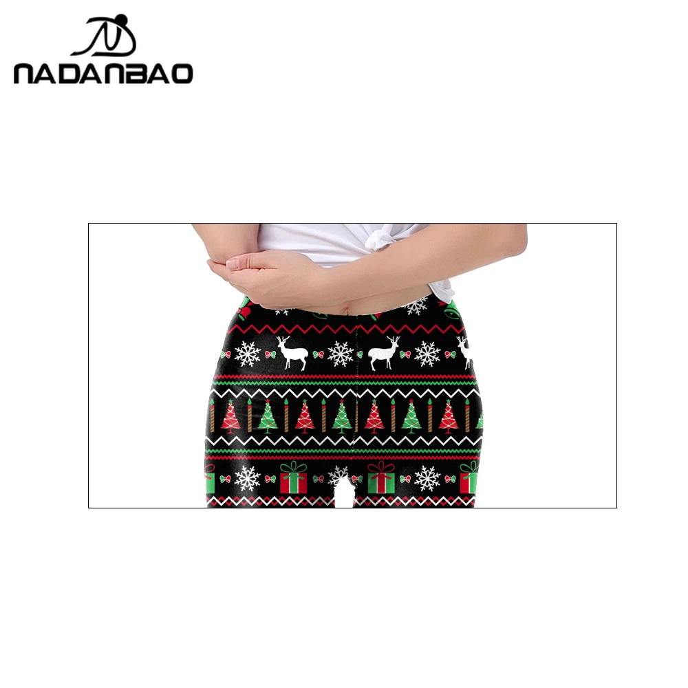 Nadanbao عيد الميلاد الغزلان الثلج نمط طماق المرأة السوداء عيد الميلاد السراويل الصيف مضحك السراويل الحفلات السيدات قيعان مرنة #5