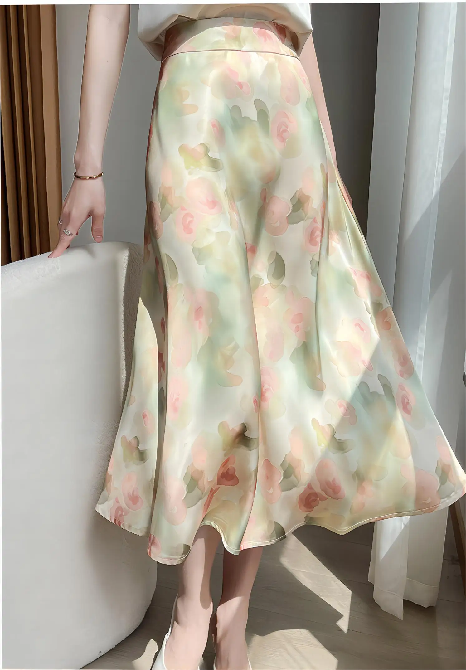 Spring summer floral women's skirt over the knee MIDI French print temperament light luxury satin