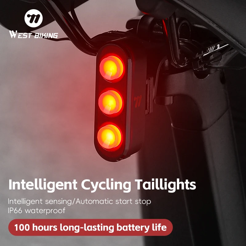 WEST BIKING Intelligent Bicycle Tail Light IP66 Waterproof LED Warning Charging Taillight Cycling Brake Lights Bike Accessories