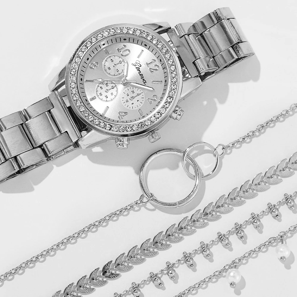 Conjunto de reloj de cuarzo con diamantes de imitación para mujer, Set de pulsera con correa de aleación de 3 ojos redondos de plata, 5 piezas, a la moda, para regalo