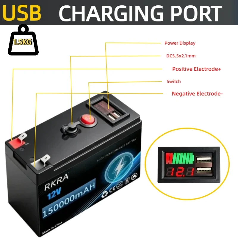 RKRA12V 150Ah 21700 Lithium Battery Rechargeable Battery Pack With BMS Protection USB Output For Solar Monitoring Fishing Light