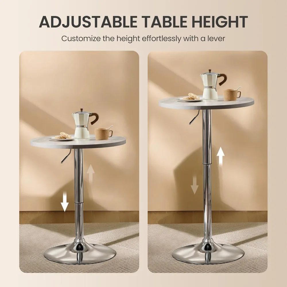 Round Bar Table, Adjustable Height and 360° Swivel Bar Tables, Cocktail Table with MDF Top, Silver Leg Base for Bar, Bistro, Ca