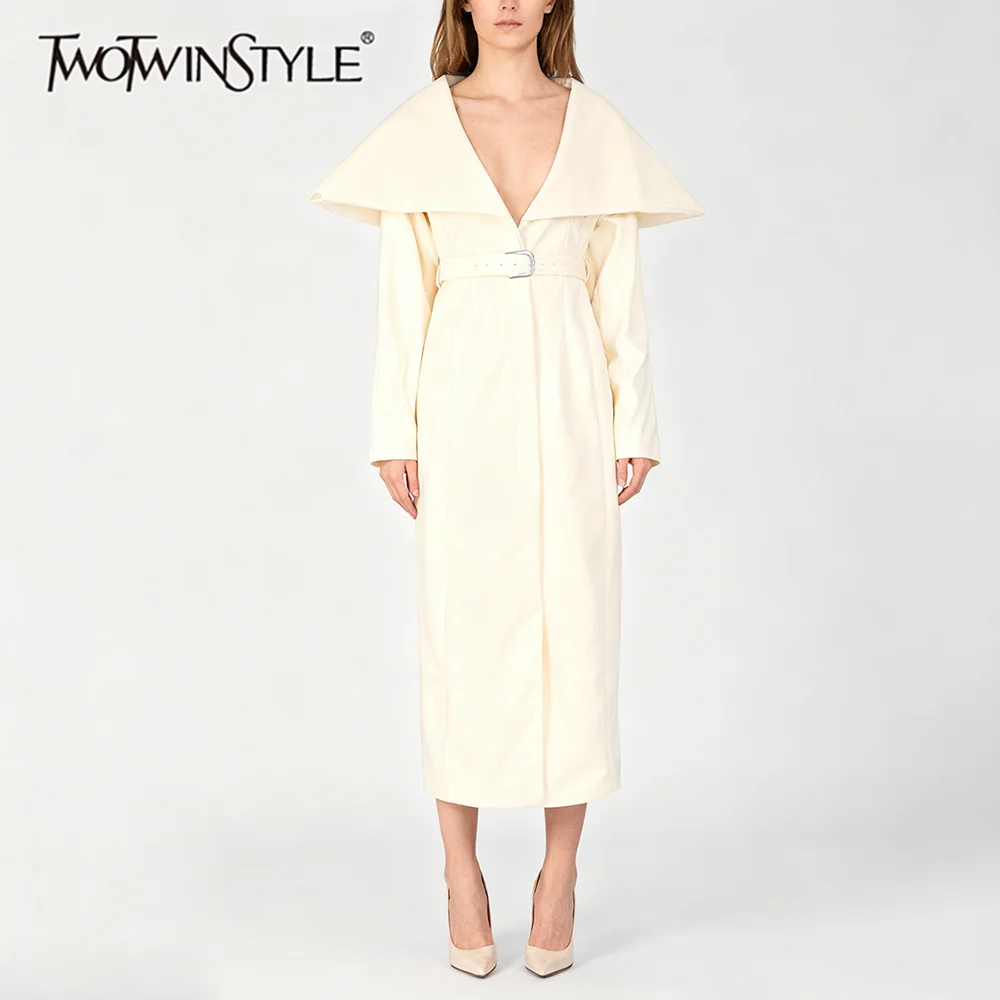 

TWOTWINSTYLE Solid Spliced Belt Minimalsit Coats for Women Lapel Long Sleeves High Waist Temperament Coat Female Autumn Clothing