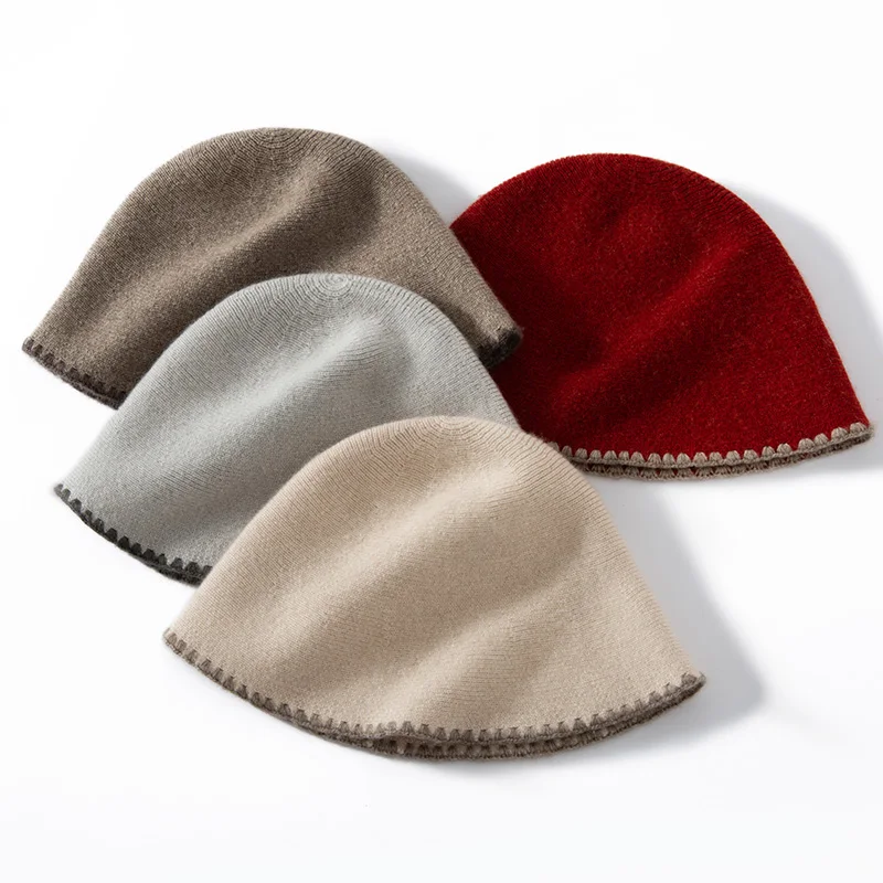 

New Women 100% Cashmere Hat Hooked color-block design Soft Knit Basin Hat Autumn Winter Warm Chic Cozy Fashion Elegant Headwear