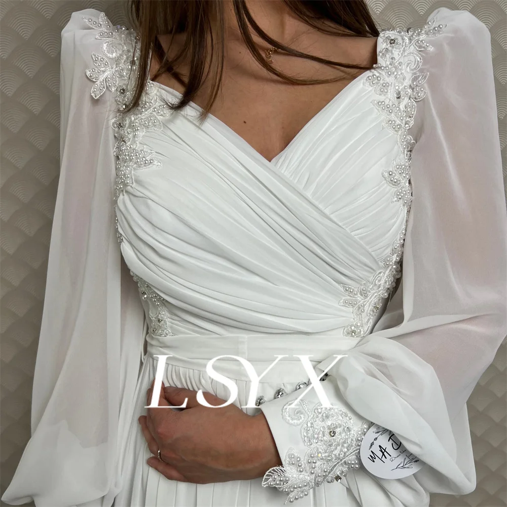 LSYX-vestido de novia con cuello en V, manga larga acampanada, gasa, línea A, apliques plisados, cremallera trasera, tren de corte, vestido de novia hecho a medida