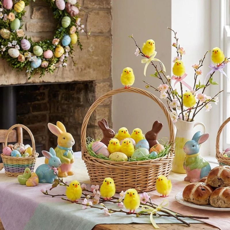 Yellow Plush Chick Figurines Fluffy Realistic Farm Animal Ornaments for Easter Party Decorations and Festive Gift Accents
