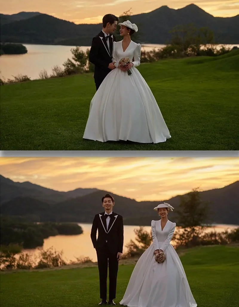 Vestido de novia de satén estilo japonés, traje elegante de manga larga con escote en V, Estilo Vintage, sencillo, 2022