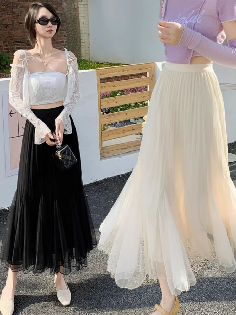 Spring Summer Women Mesh Skirt Girl Elastic High Waist Skirts Long Mermaid Female Bottoms For Slim Women