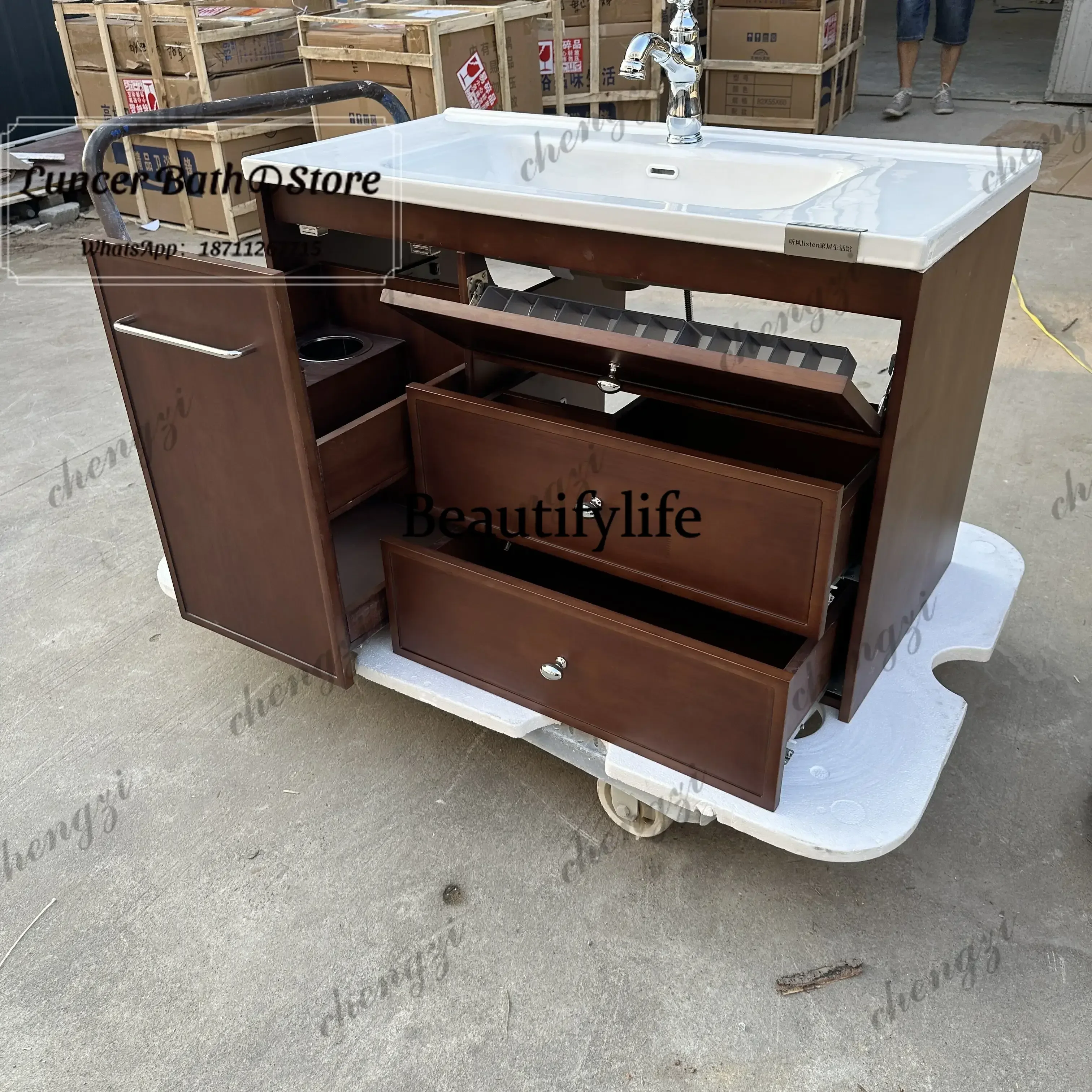 MCM Vintage Bathroom Vanity Set, Hair Dryer Pull Out Basket, Ceramic Integrated Basin for Toilet, Hand Wash Sink Cabinet b567