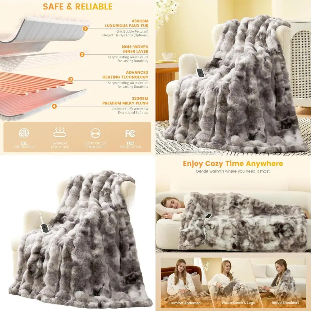 

Electric Faux Fur Bubble Blanket 50x60 with 8 Heat Levels, Auto-Off Timer & Overheat Protection - Tie-Dye Grey